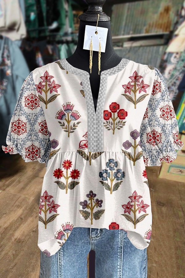 Vintgae Floral Print Puff Sleeve Top