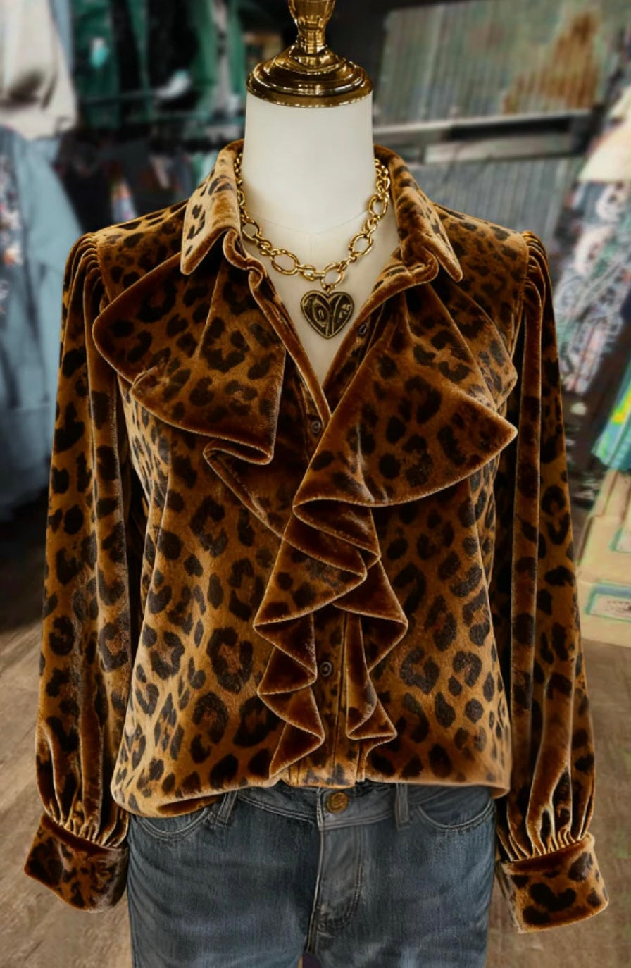 Leopard Ruffle Neck Long Sleeve Velvet Top