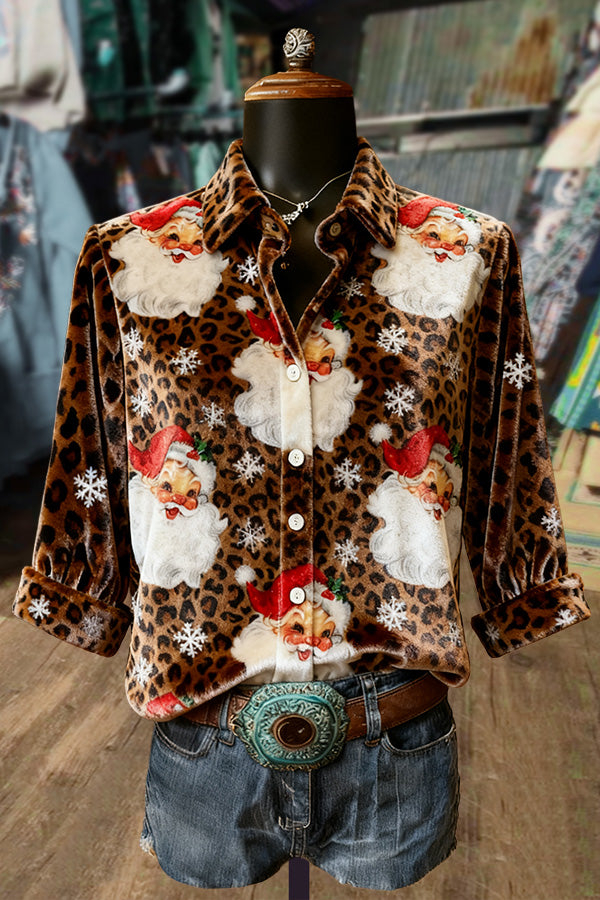 Leopard Santa Print Velvet Top
