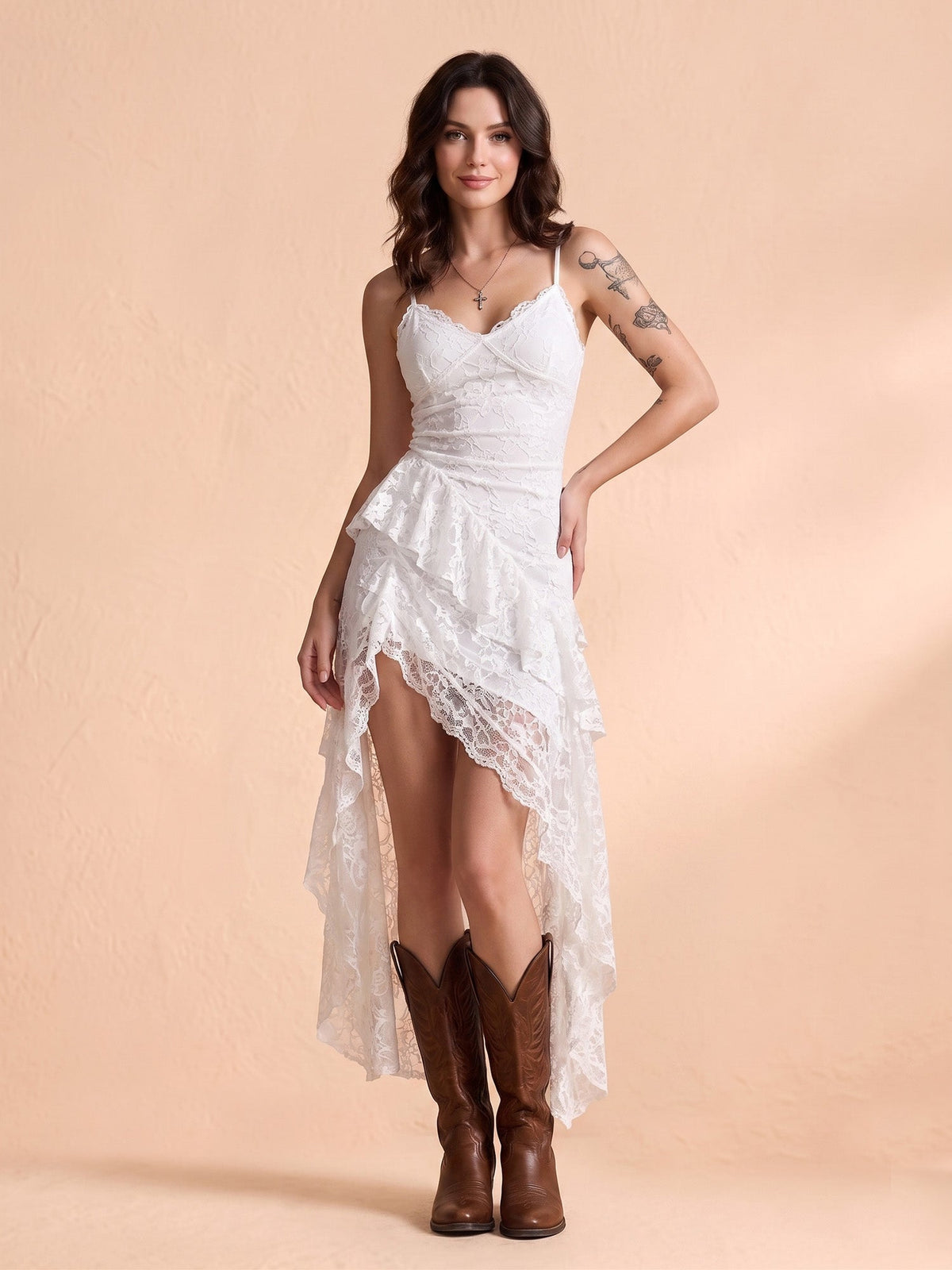 Western Dress — Ivory White Floral Lace Asymmetric High-Low Ruffled Maxi Dress