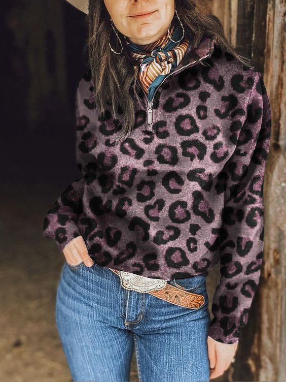 Women's Leopard Print Zipper Collar Sweatshirt
