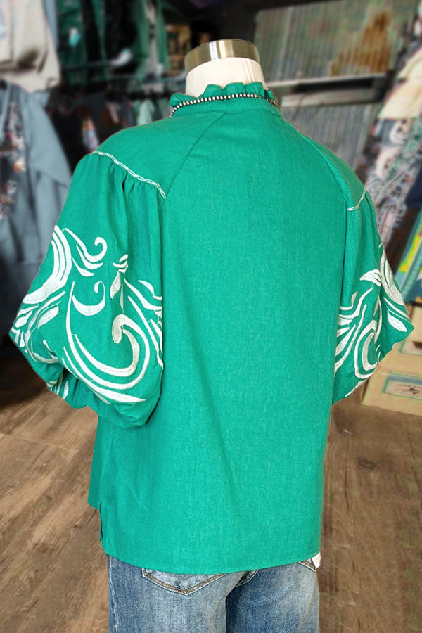 Embroidered Tassel Neck Bubble Sleeve Top