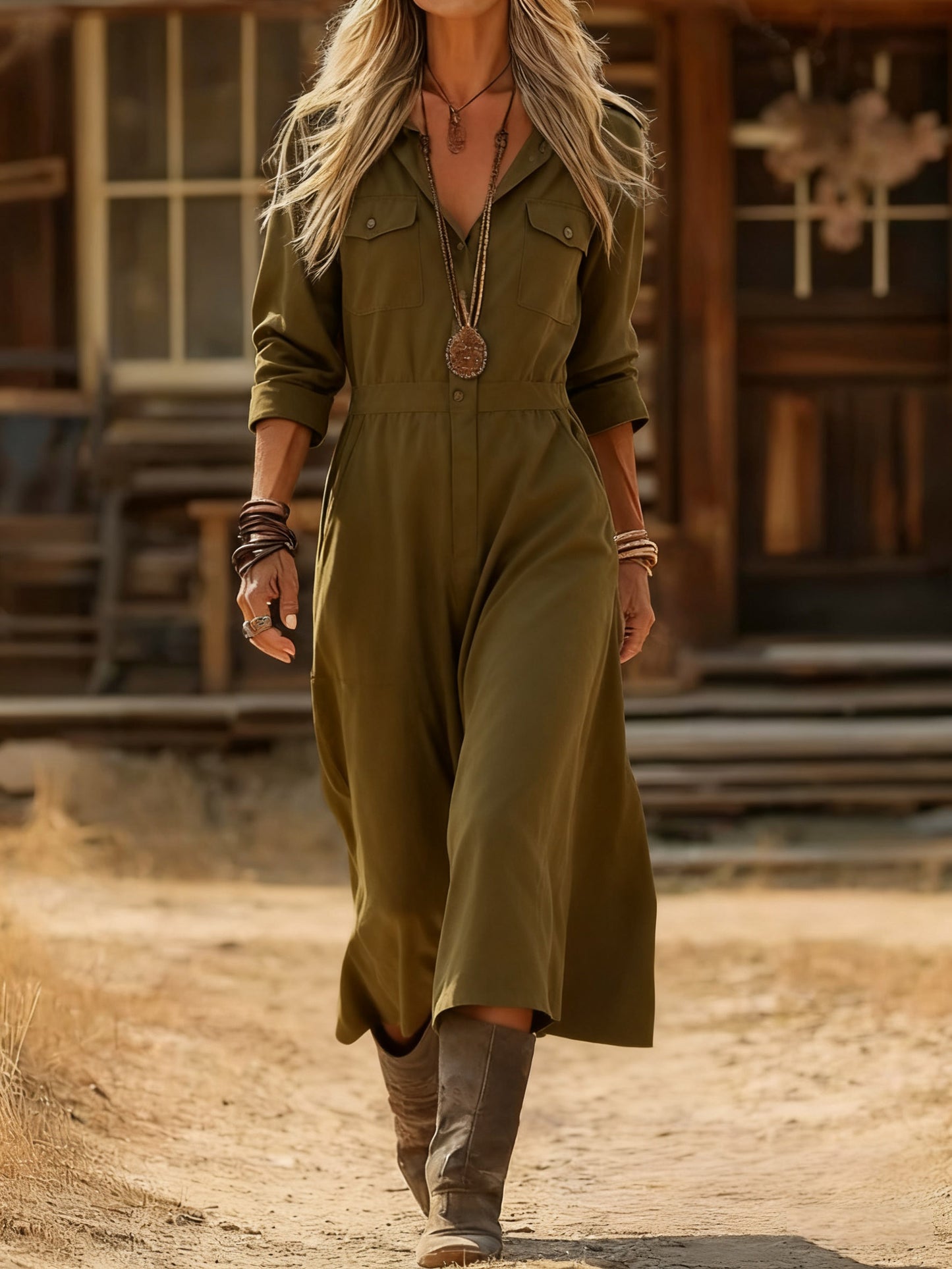 Women's Solid Color Fashionable V-neck Long Dress