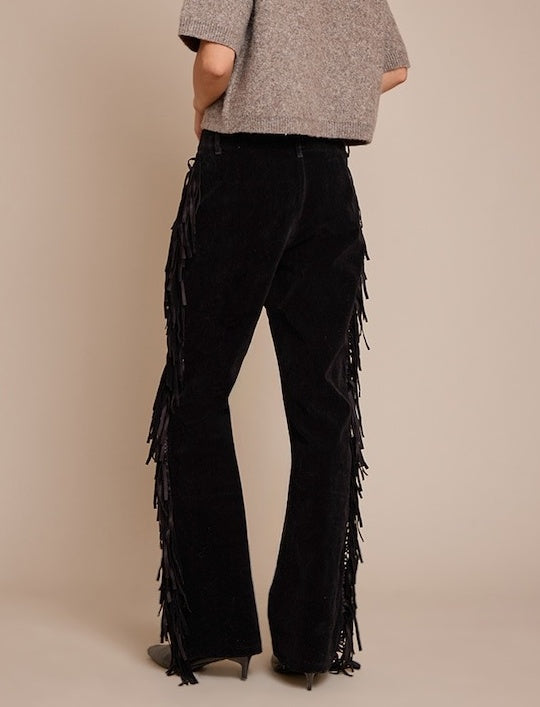 Black Suede Fringed Straight-Leg Pants