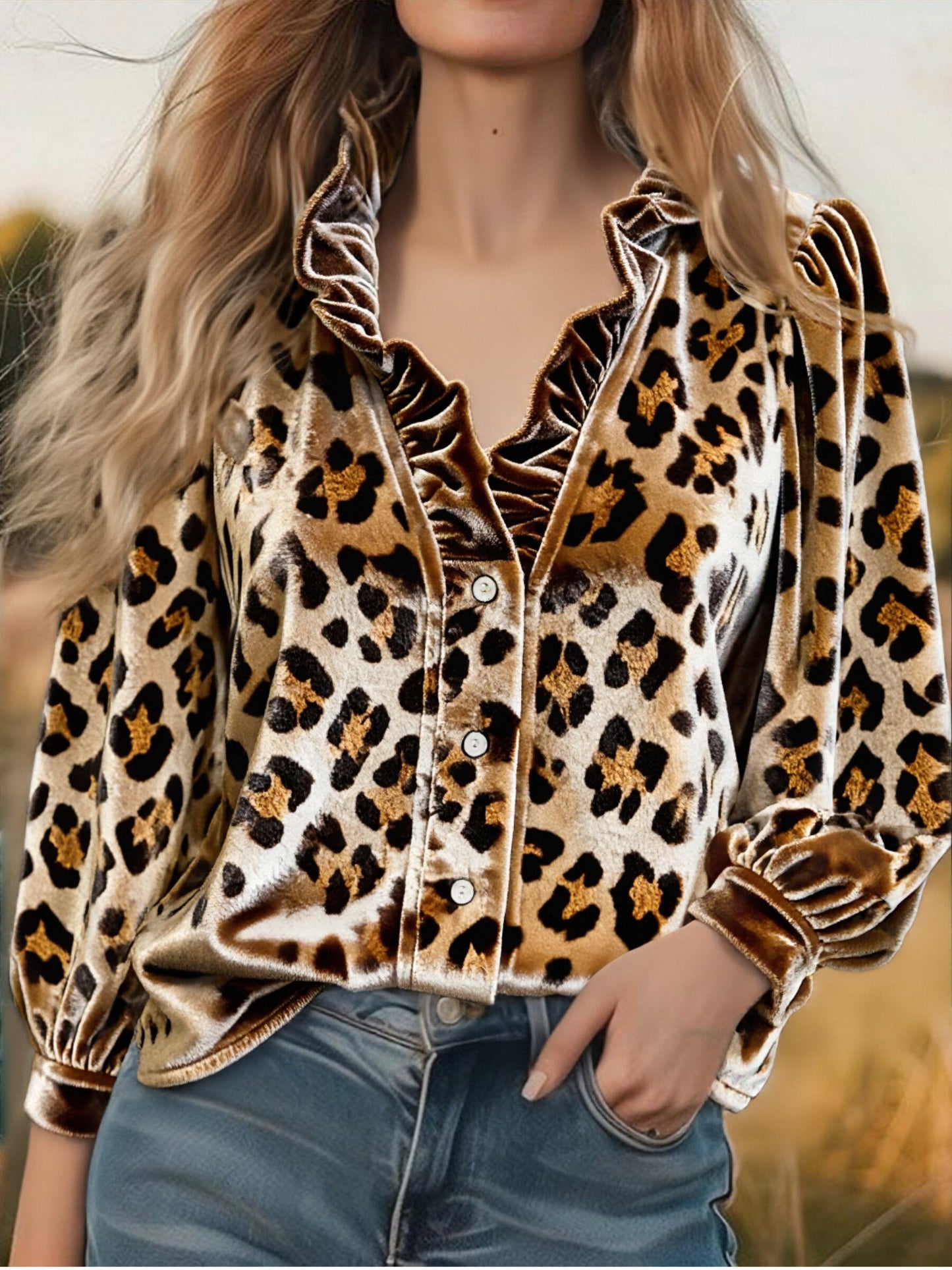 Leopard Print Ruffle Neck Long Sleeve Velvet Top