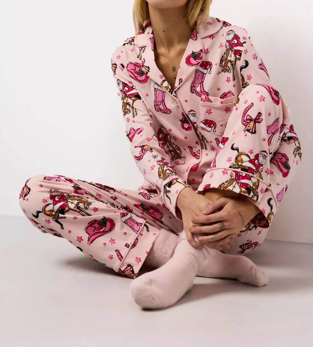 Pink Christmas Horses Printed Pyjamas Set