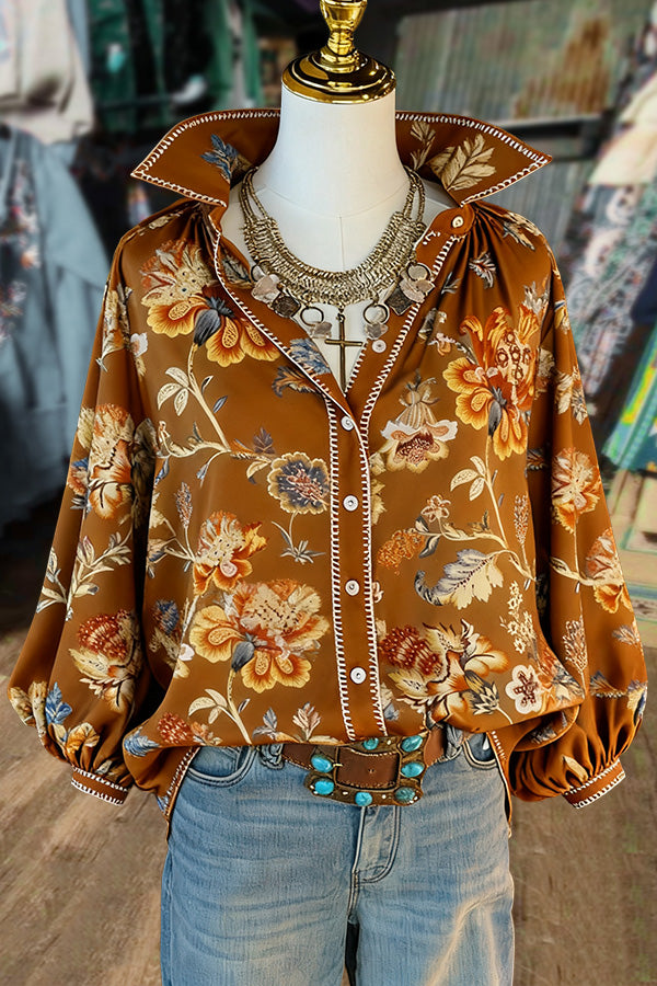 Retro Floral Print Balloon Sleeve Button Down Blouse
