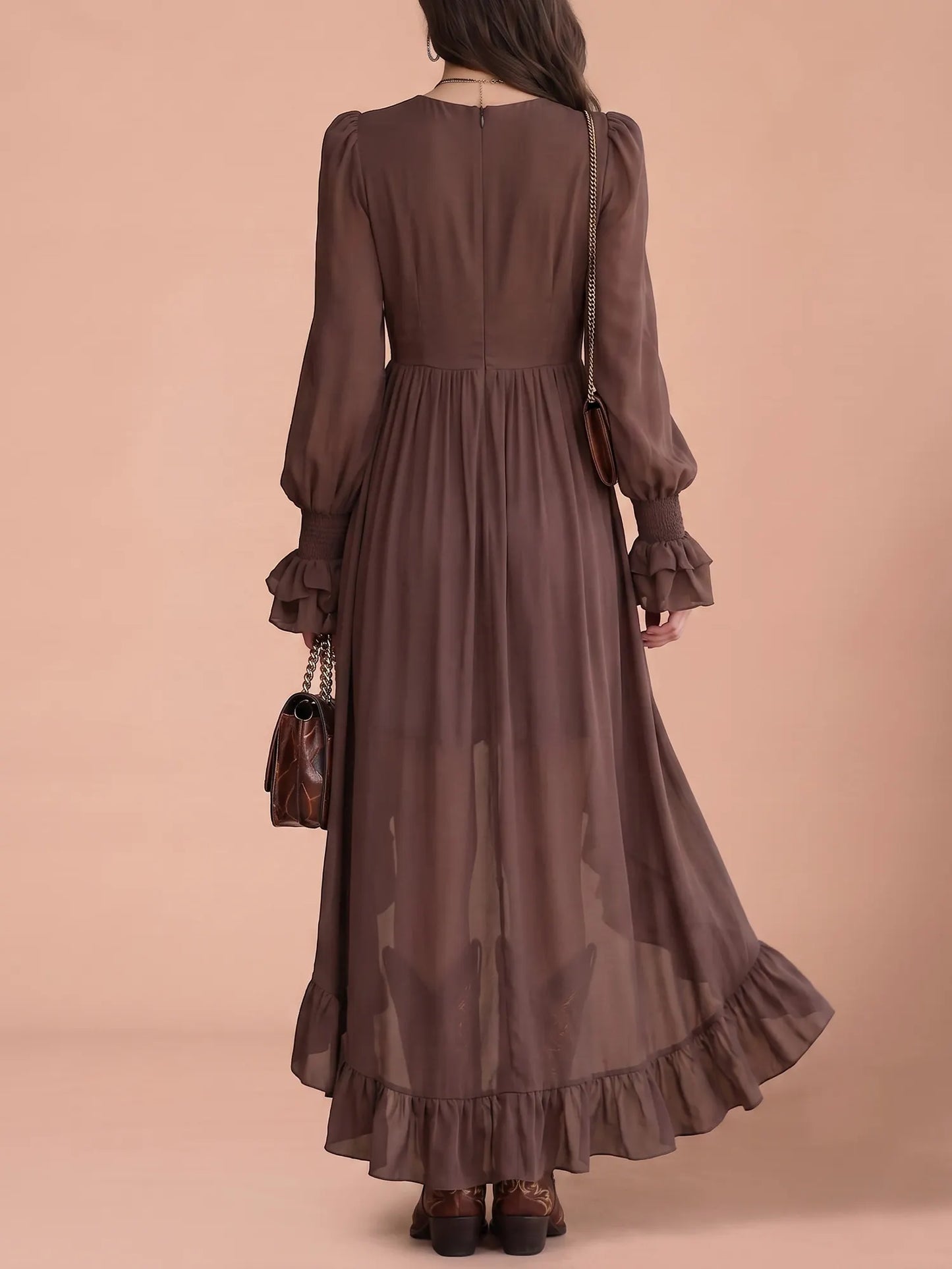 Dark Brown Plunge V-Neck Cascading Ruffle High-Low Chiffon Maxi Dress