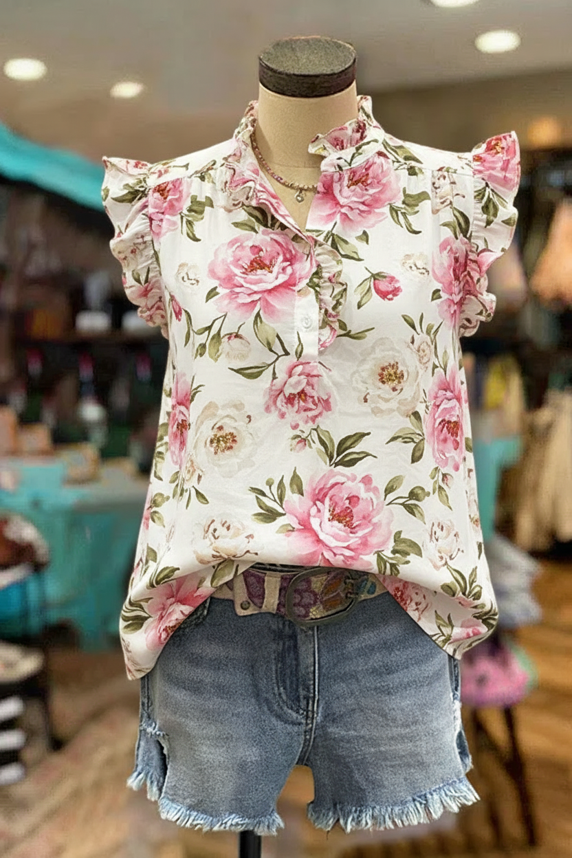 Pink Peony Floral Flutter Sleeve Ruffle-Neck Blouse