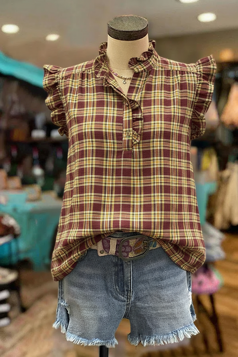 Vintage Tartan Plaid Flutter Sleeve Ruffle-Neck Blouse