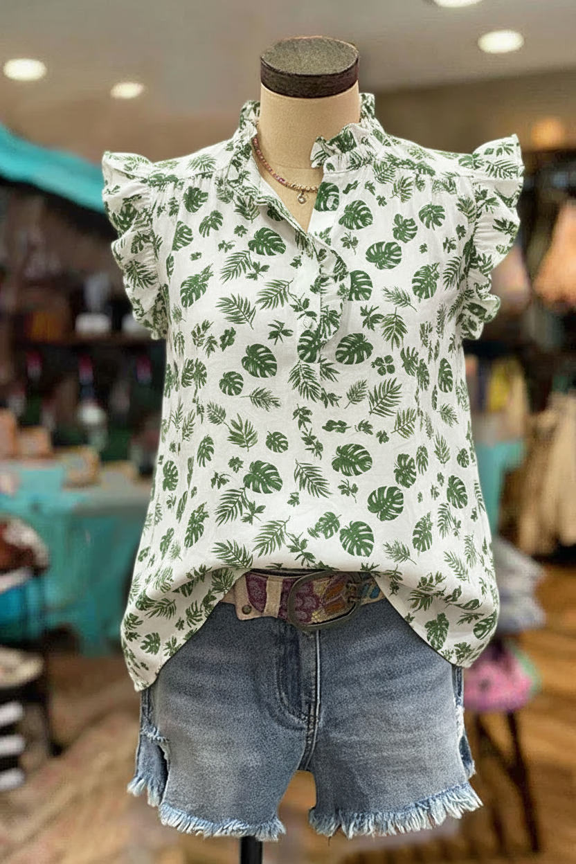 Tropical Leaf Print Flutter Sleeve Ruffle-Neck Blouse