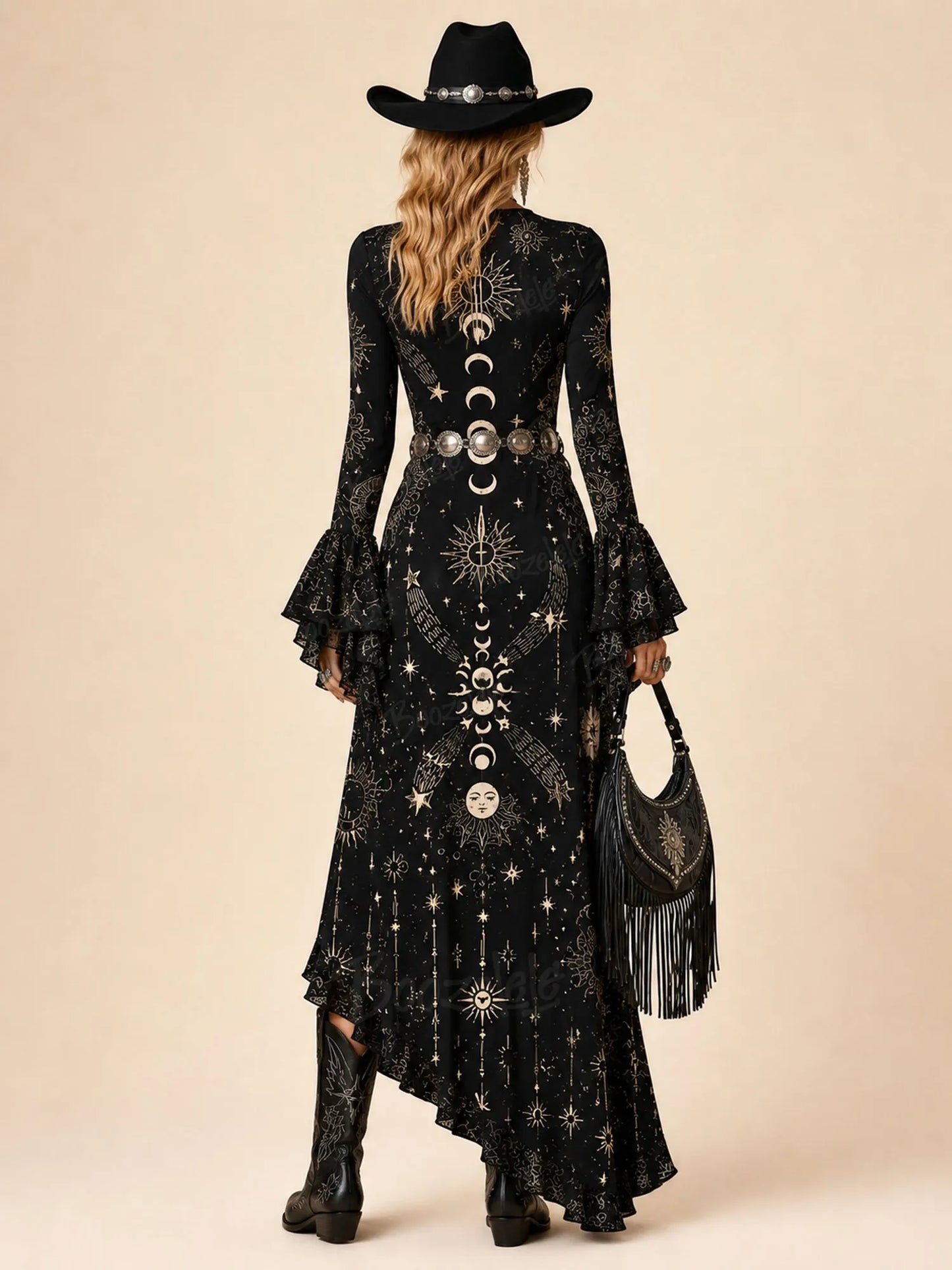 Black Gold Foil Celestial Print Bell Sleeve Slit Boho Maxi Dress