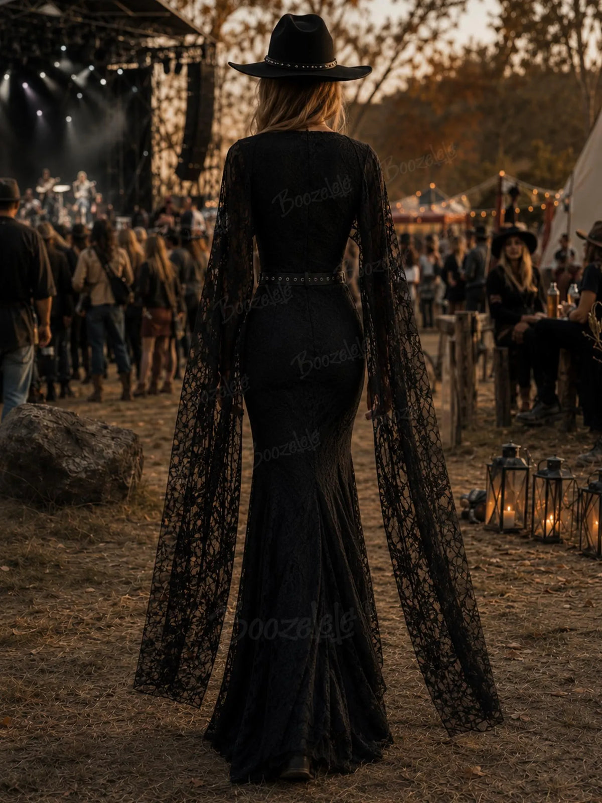 Perfect for a Western Country Wedding Guest — Women's dark brown, slim-fit, featuring a lace shawl with ribbon ties Maxi Dress.