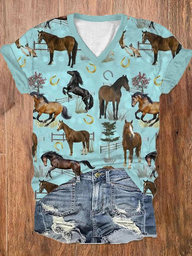 🔥Buy 2 Get 5% Off🔥Women's Vintage Western Horse Print V-Neck T-Shirt