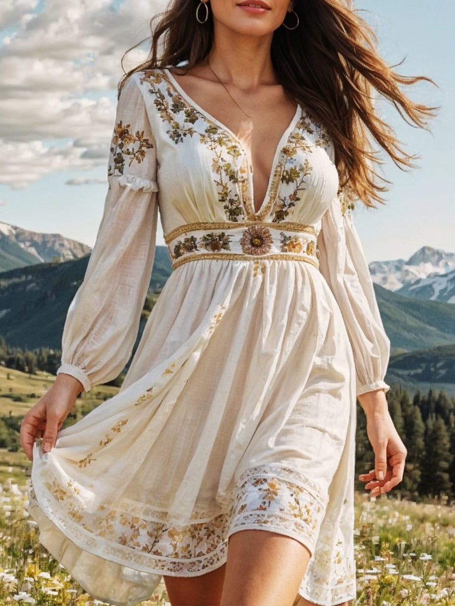 Women's Retro White Floral Embroidered Dress – Tilame
