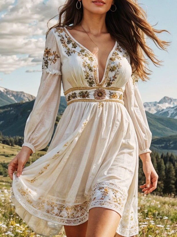 Women's Retro White Floral Embroidered Dress