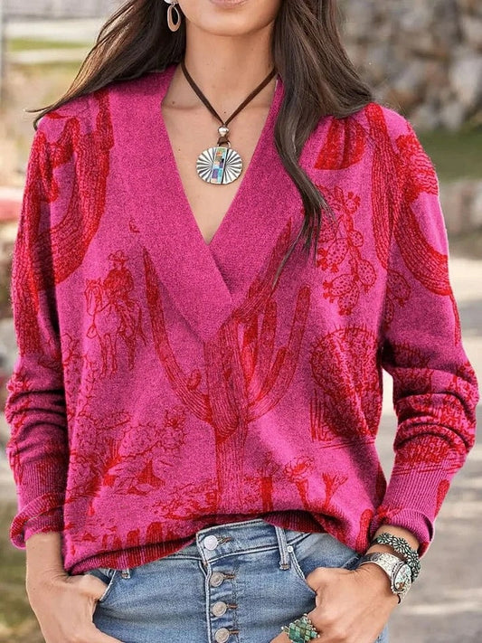 Vintage Western Boho Wild West Art Print Knit V-neck Pullover Sweater