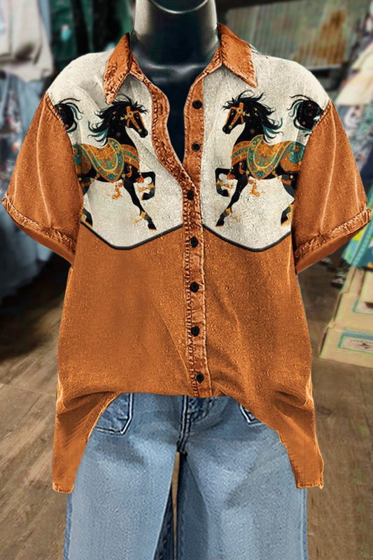 Western Horse Print Button Up Top