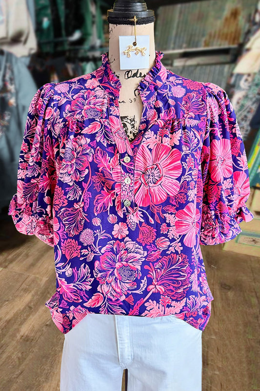 Floral Print Ruffle Neck Puff Sleeve Top