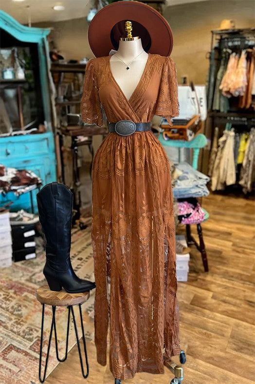 Rusty Rustic Long Dress Women's Vintage Sheer Rust Maxi Dress – Tilame