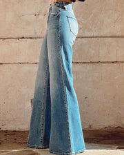 Women's Washed Blue High-waisted Casual Wide Leg Pants