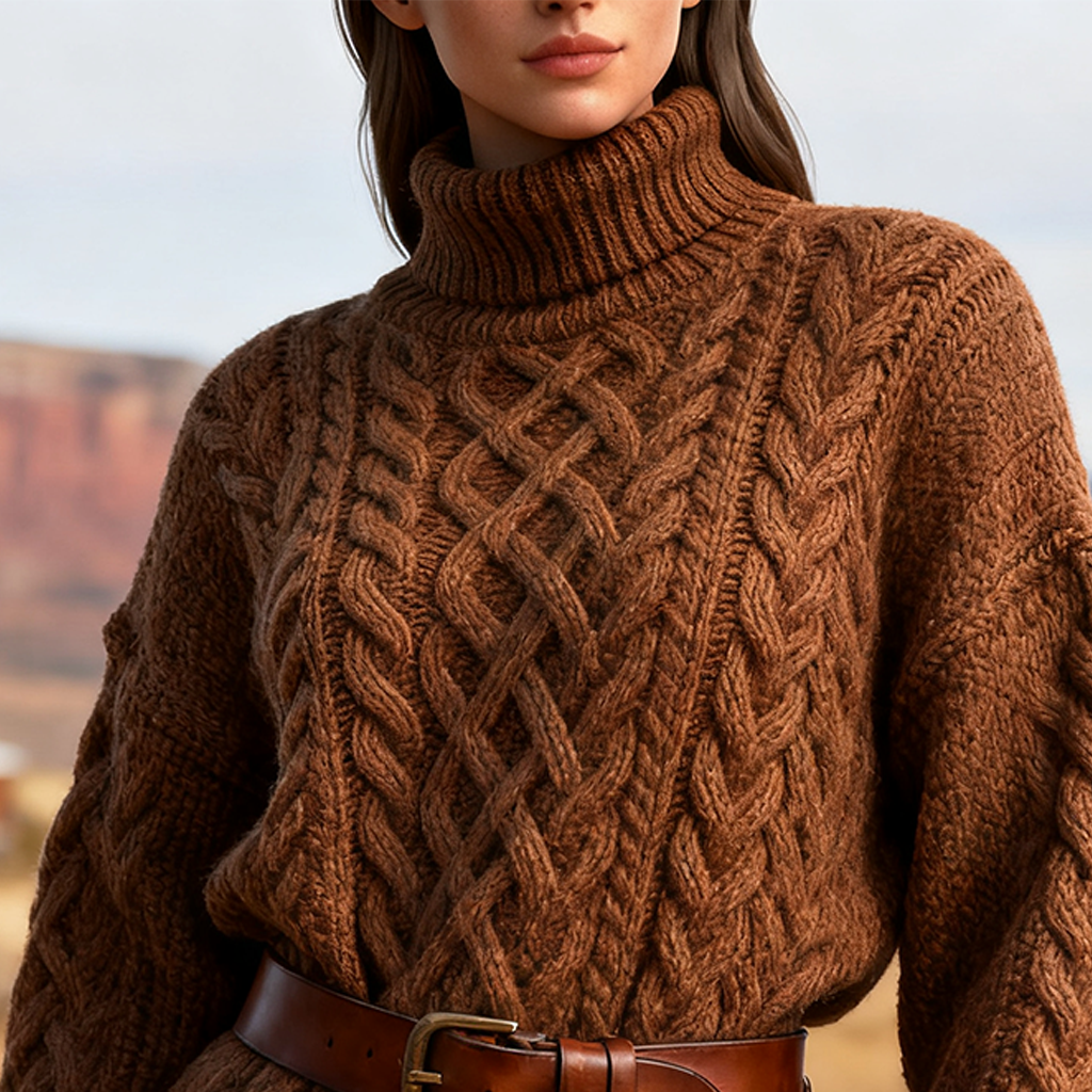 Women's Vintage Cozy Brown Cable Knit Sweater With Leather Belt