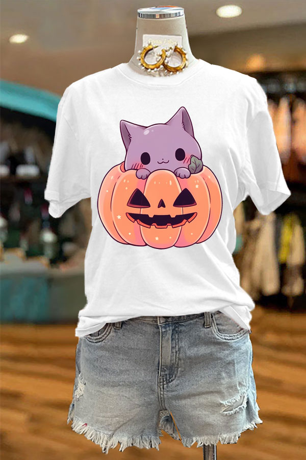 Cute Kawaii Pastel Cat Hiding in Pumpkin Print T-shirt