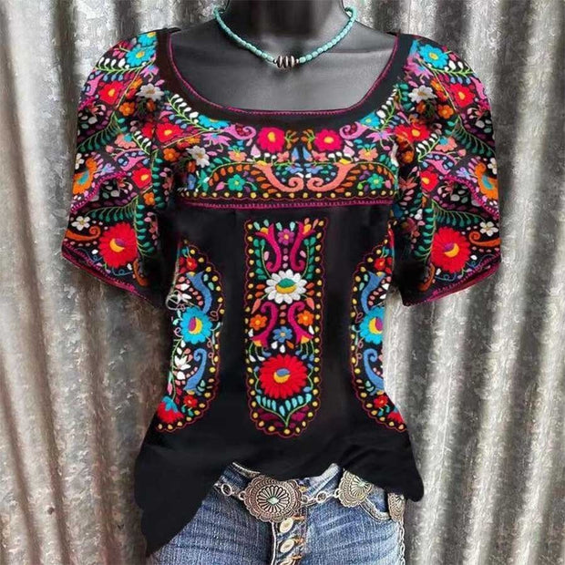 Floral Print Ethnic Style Short Sleeve O-Neck T-Shirt