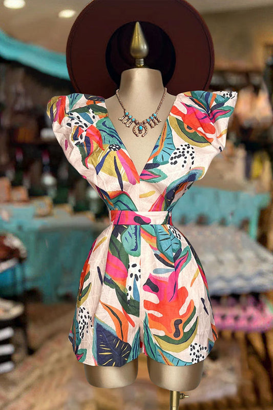 Pretty Floral Print V-Neck Ruffled Backless Romper