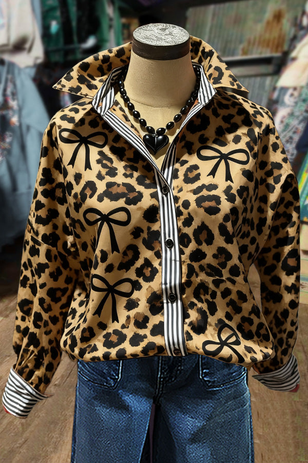Leopard Bow Print Striped Collar Long Sleeve Blouse