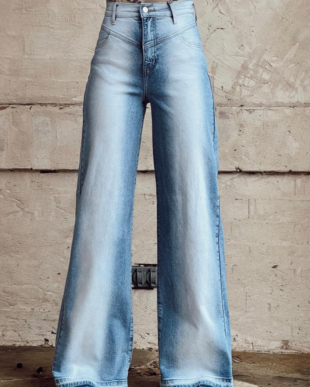 Women's Causal Washed Blue High-waisted Casual Wide Leg Pants