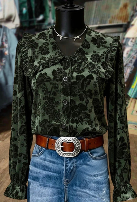 Vintage Floral Print Peter Pan Collar Velvet Top