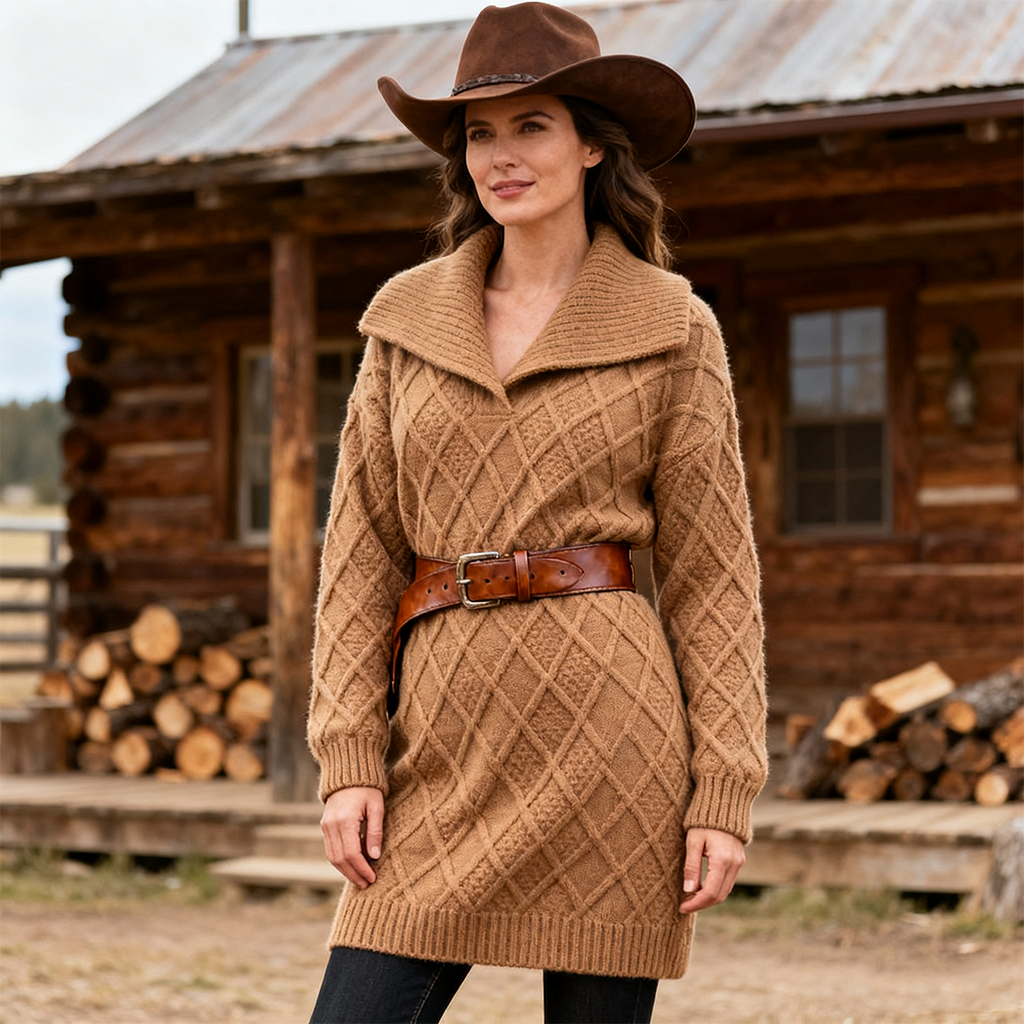 Women's Vintage Cozy Camel Cable Knit Sweater Dress