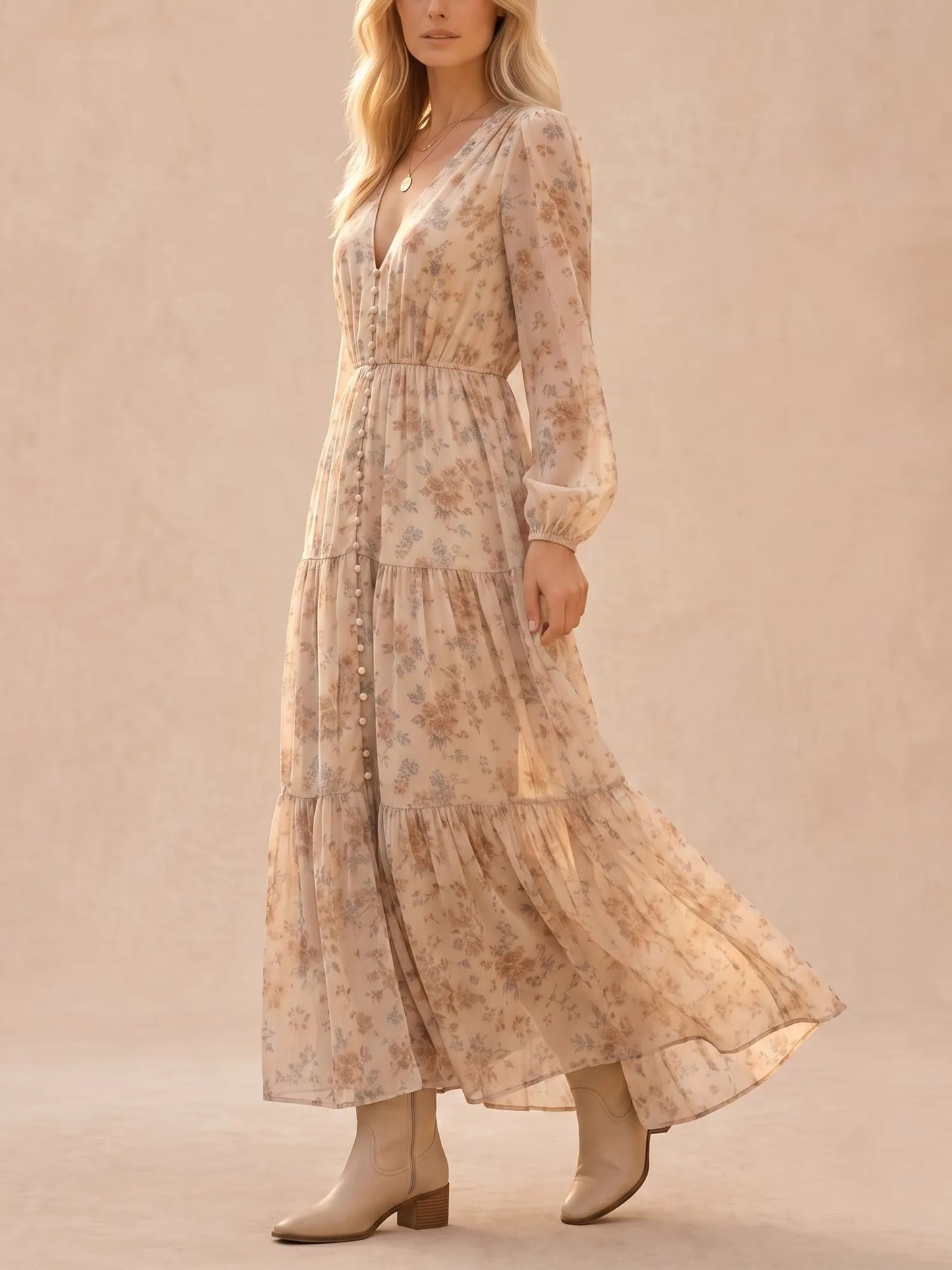 Ivory Apricot Ditsy Floral Chiffon Plunge V-Neck Bishop Sleeve Tiered Maxi Dress