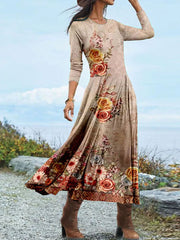 Oil Painting Floral Print Round Neck Long Sleeve Dress