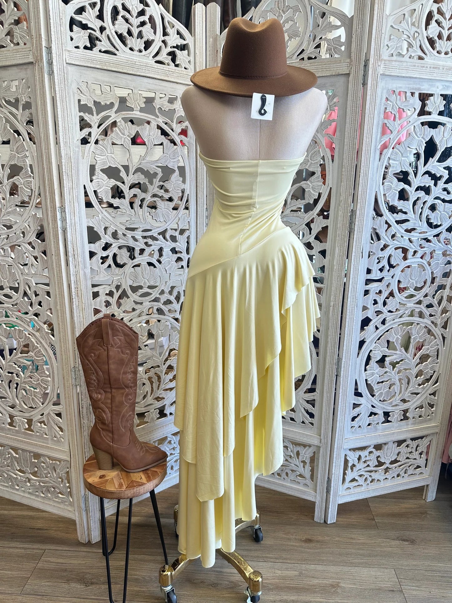 Off-Shoulder Asymmetric Hem Strapless Dress-Yellow