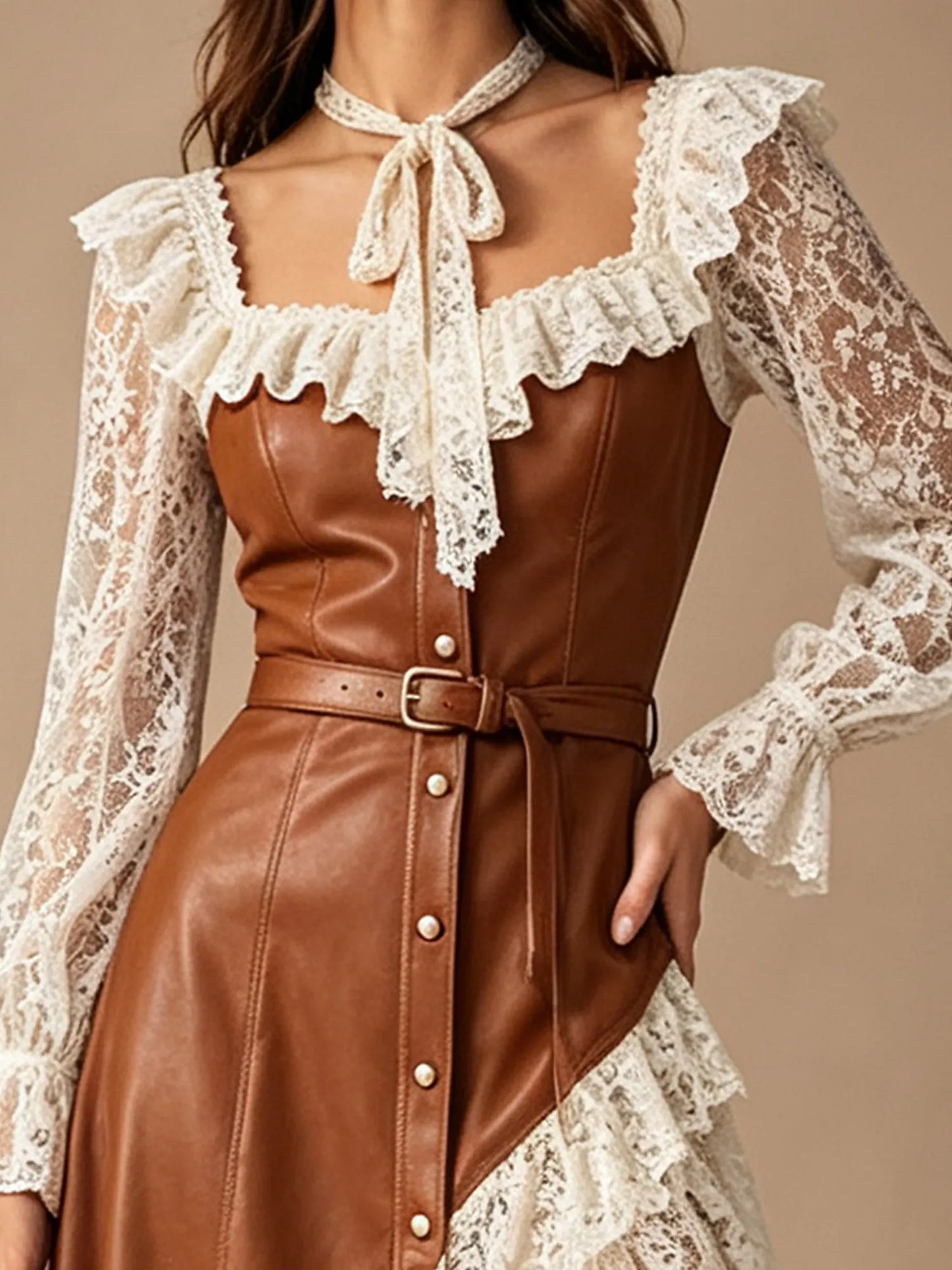 Brown PU Leather Corset Bodice Lace Sleeve Tie Neck Belted Asymmetric Hem Western Midi Dress