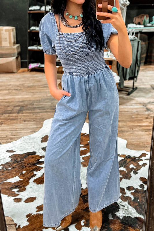 Vintage Washed Pleated Wide-Leg Denim Jumpsuit