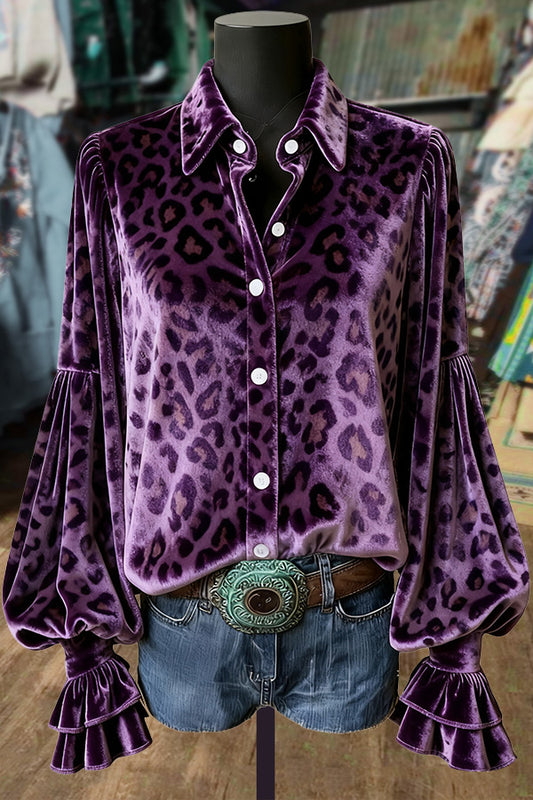 Leopard Print Lantern Sleeve Velvet Top