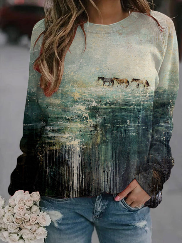 Women's Oil Painting Galloping Horse Print Sweatshirt