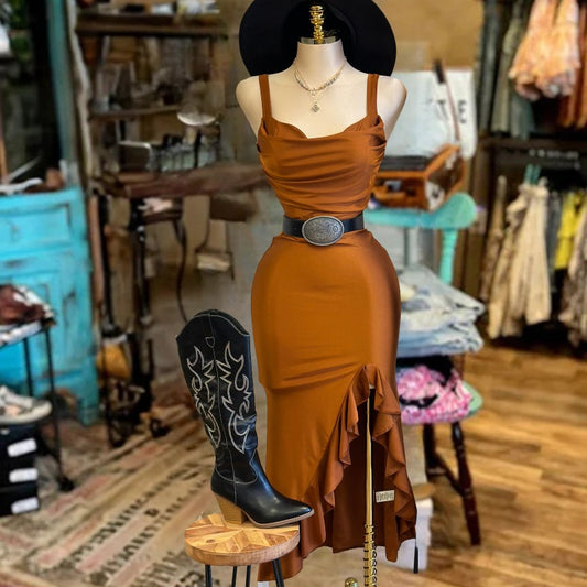 Thick Strap Heart Line Ruffle Dress-Brown