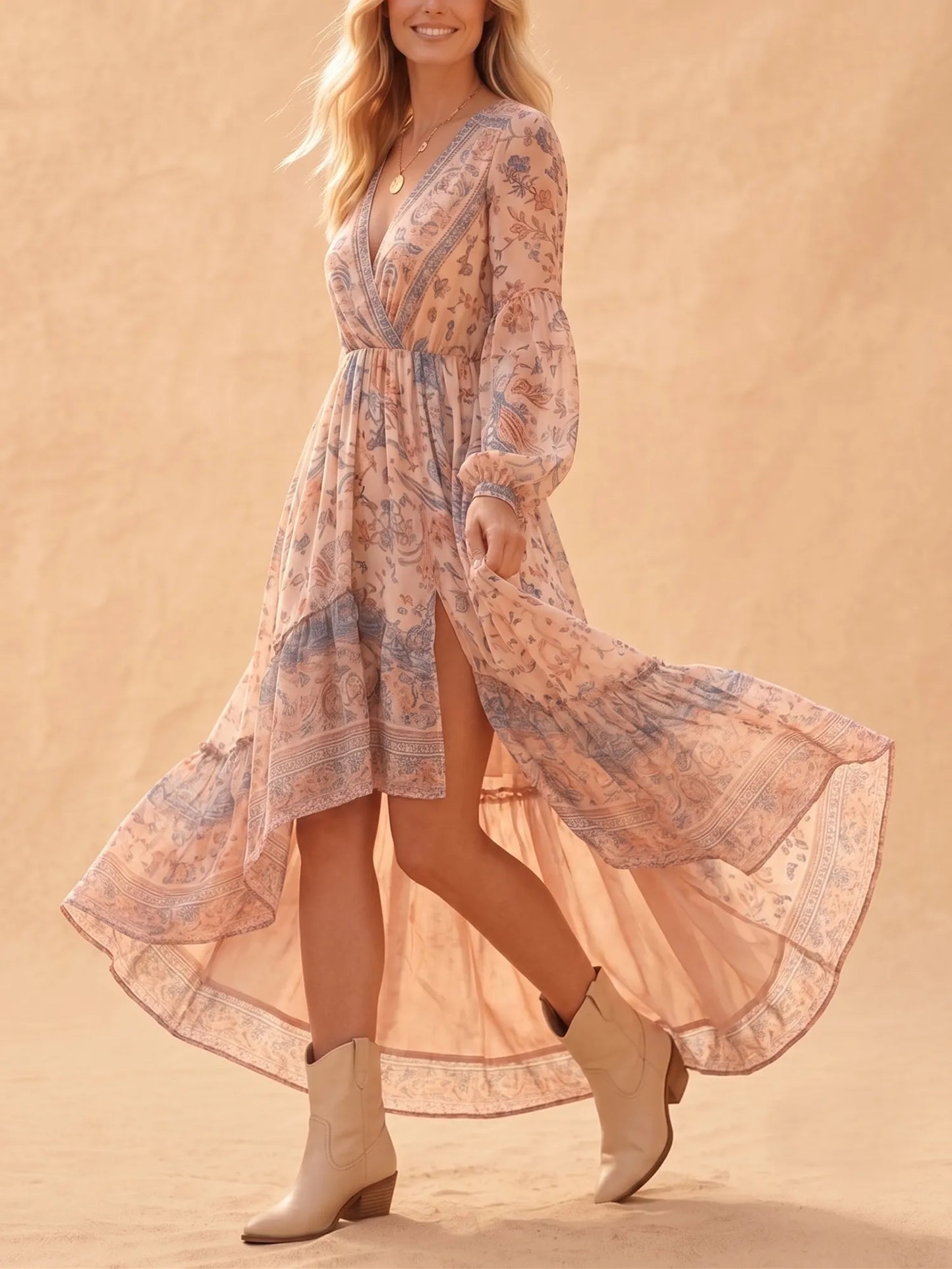 Charcoal Brown Vintage Paisley Chiffon Surplice V-Neck Bishop Sleeve High-Low Tiered Maxi Dress