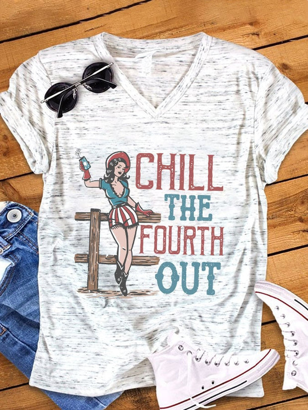 Women's Vintage Independence Day Chill The Fourth Out Print V-Neck T-Shirt