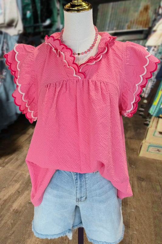 Solid Scalloped Edges Ruffle Sleeve Top