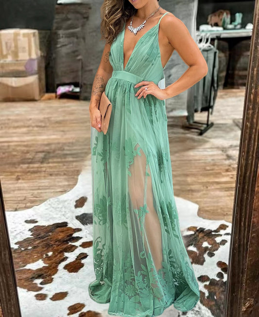 Green V-Neck Floral Pattern Mesh Dress-