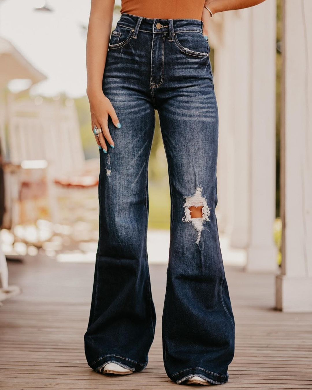 Vintage Washed High Waisted Ripped Flared Jeans