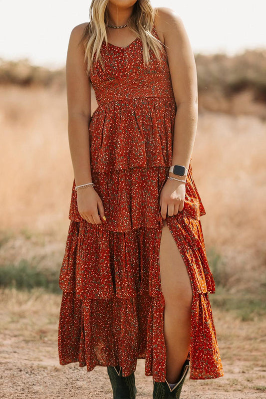 Floral V-Neck Slit Ruffle Maxi Dress