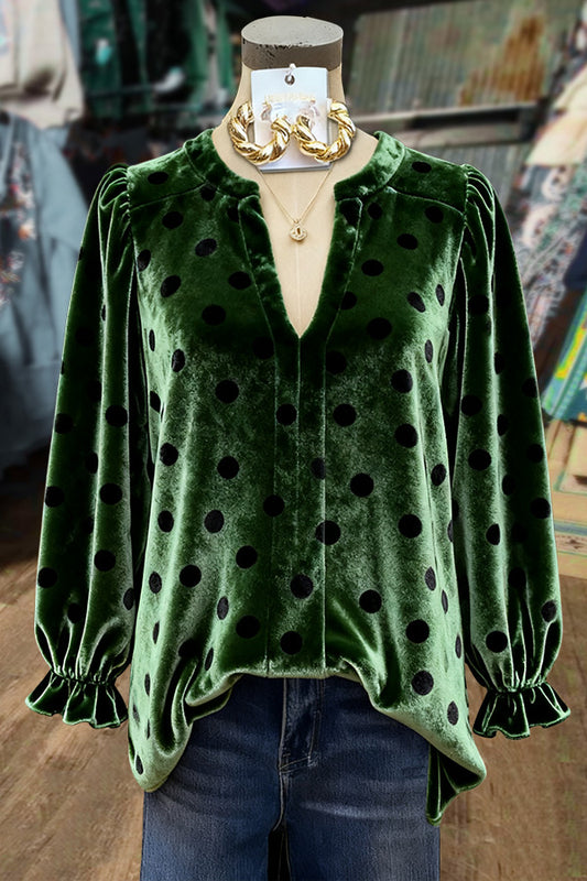 Polka Dot Print V-Neck Velvet Top