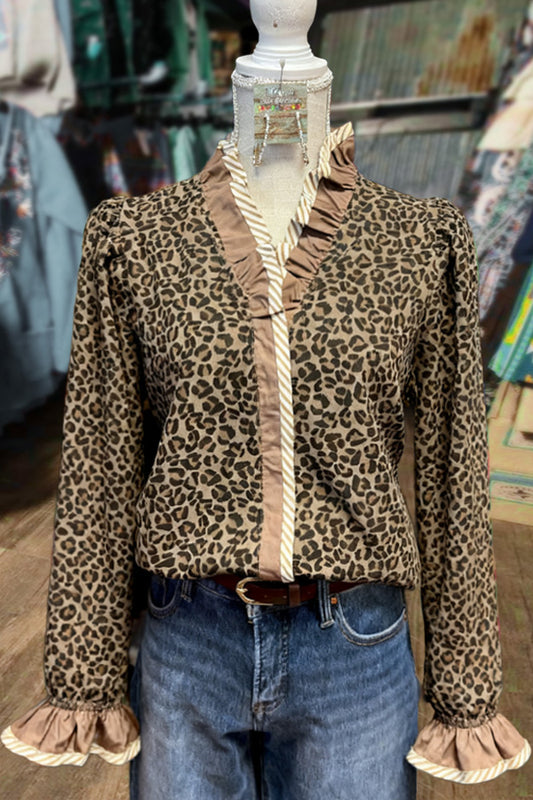 Leopard Print Ruffle Neck Long Sleeve Top