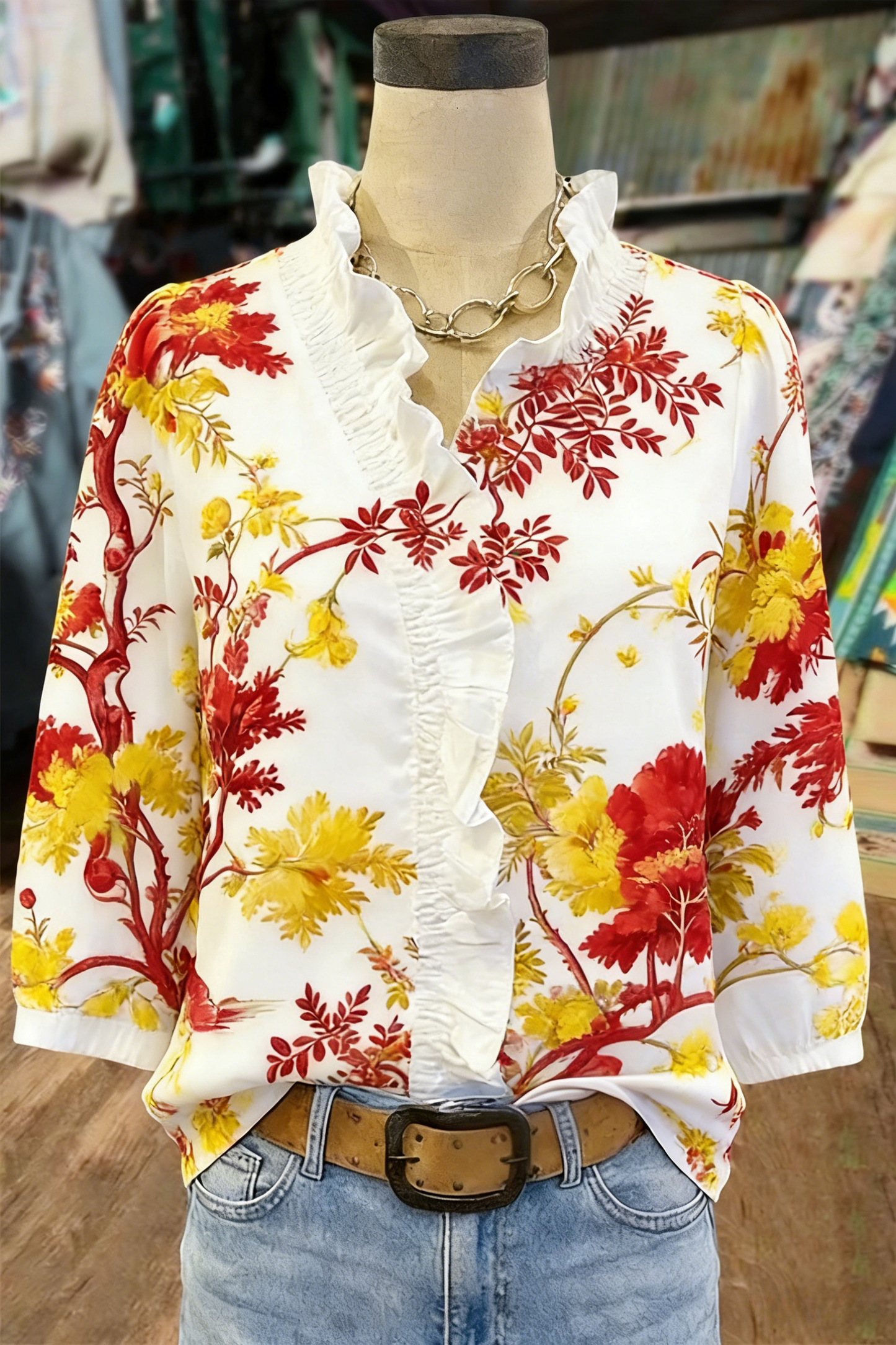 Red & Yellow Botanical Floral Ruffle-Neck Blouse – 3/4 Sleeve Top